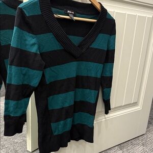 Style & Co. Black and Teal Striped V-Neck Sweater